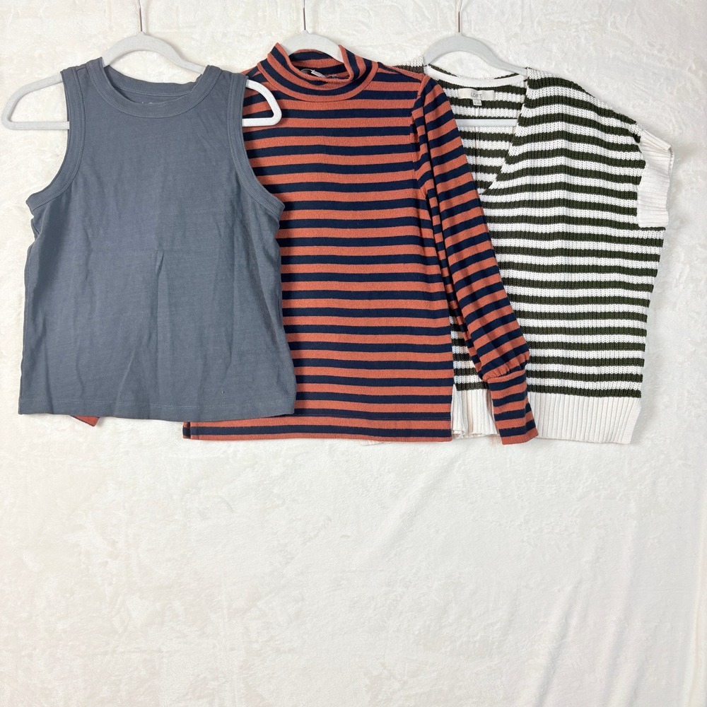 Loft Bundle 3pc Women Sz XS Grey Tank Striped Mock Neck & Oversized Sweater Vest